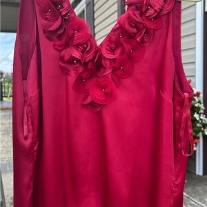 White House Black Market Crimson Sleeveless Blouse with Floral Accents